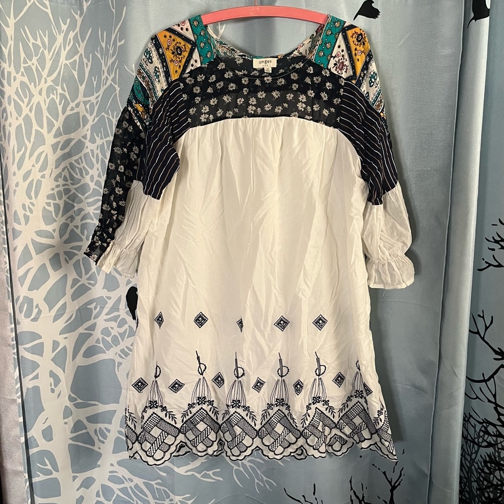 Umgee White Midi Dress with Black and Teal Patchwork Accents